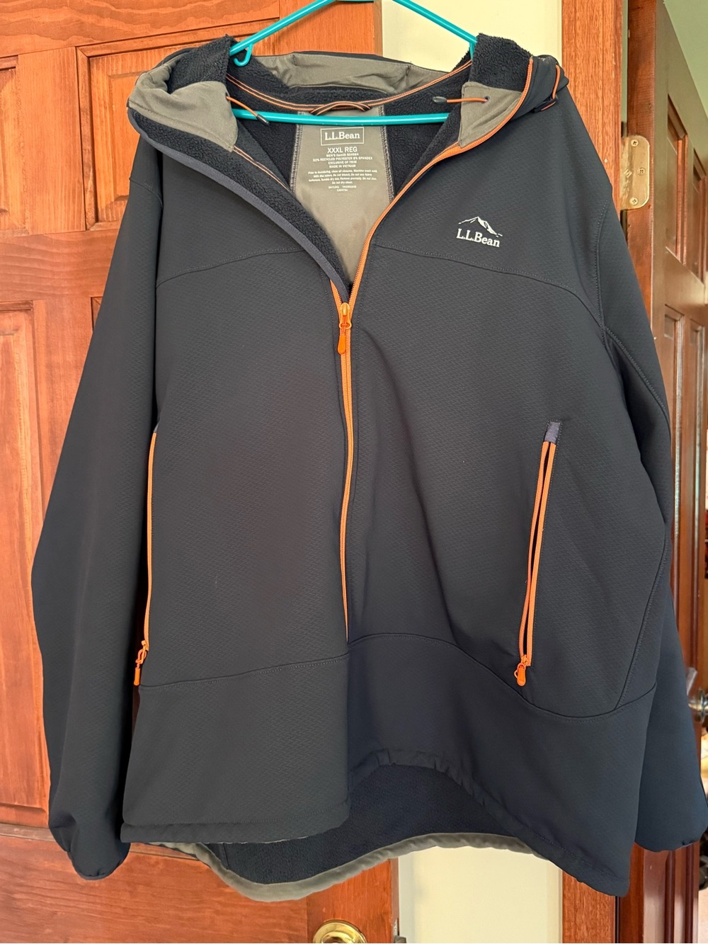 L.L. Bean Black Hooded Raincoat with Orange Trim